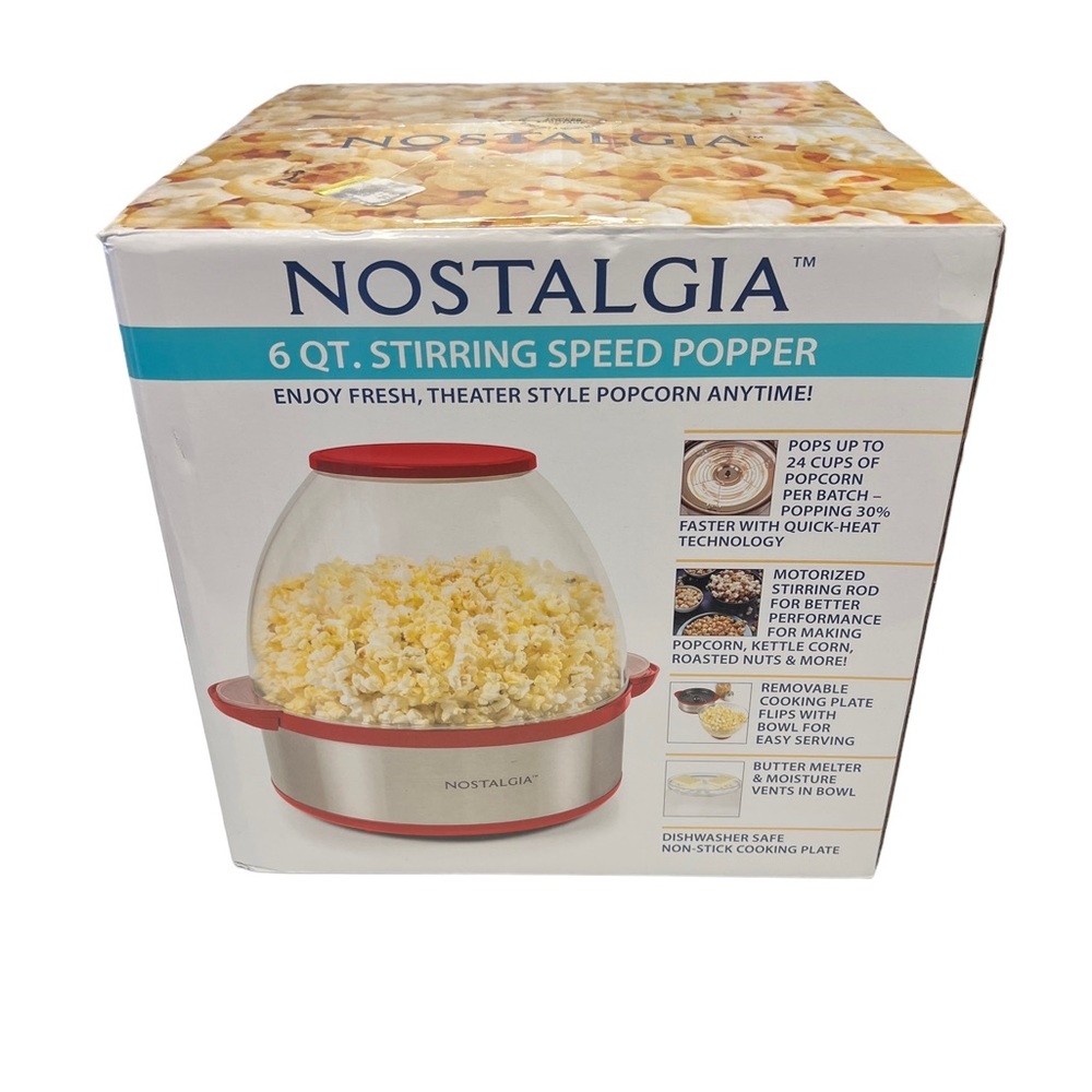 Nostalgia 6 Qt Popcorn Stirring Popcorn Machine Red Silver Theater Style